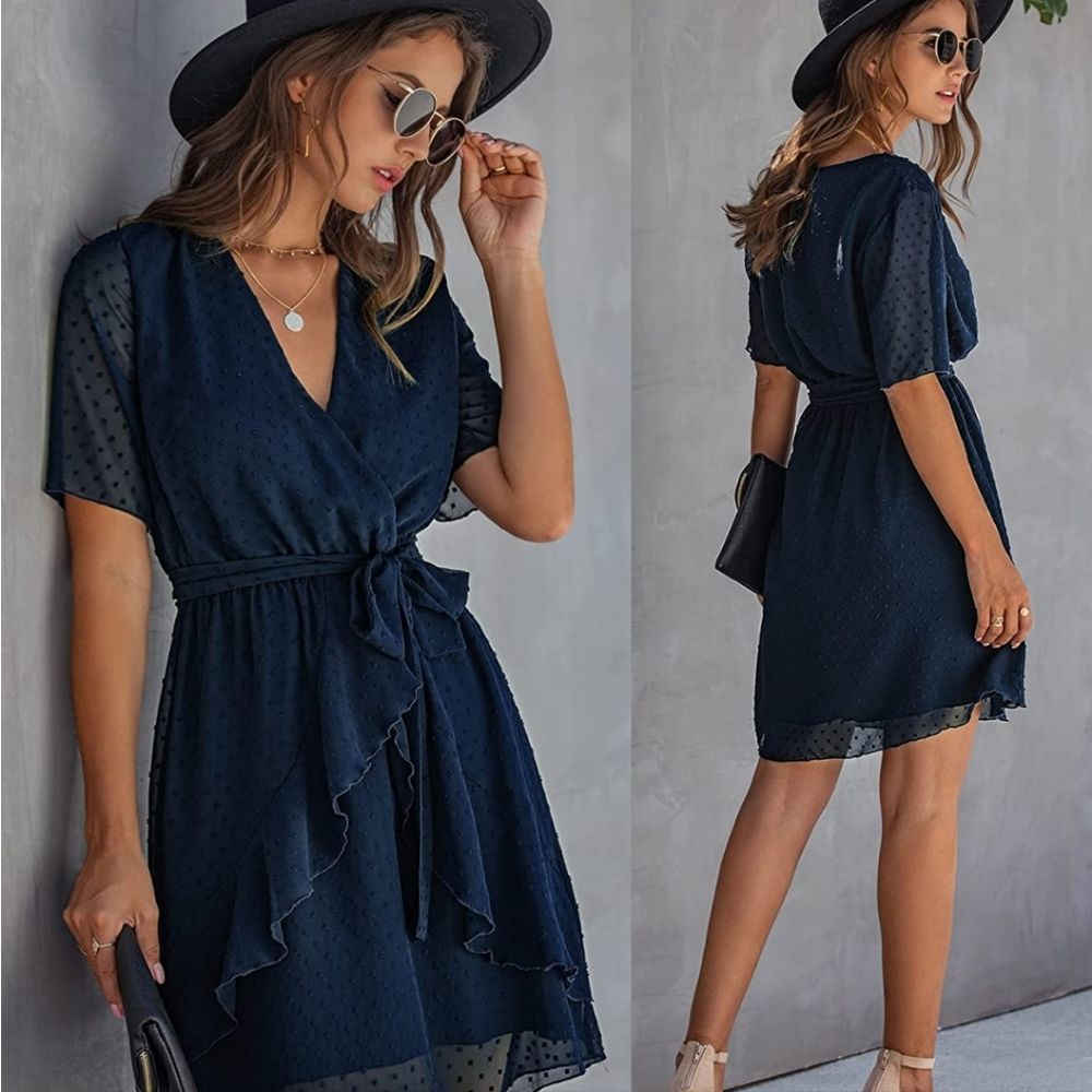 Nwt BTFBM Women Faux Wrap Swiss Dot V-Neck, Ruffle Hem Dress